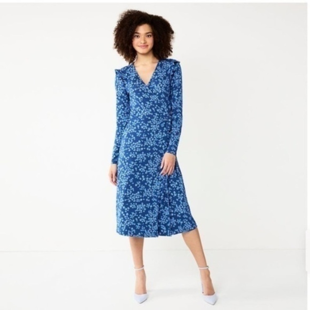 DRAPER JAMES RSVP Long Sleeve Wrap blue floral Dress